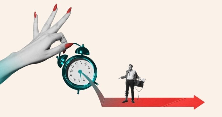 Disshevled Man Standing on Red Arrow Looks at Green Alarm Clock in Woman's Hand
