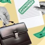 Hand Holds Briefcase While Another Hand Holds Paper with Approved Stamp