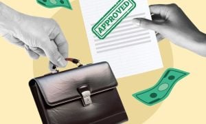 Hand Holds Briefcase While Another Hand Holds Paper with Approved Stamp