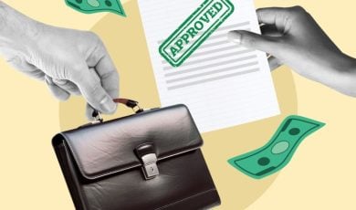 Hand Holds Briefcase While Another Hand Holds Paper with Approved Stamp