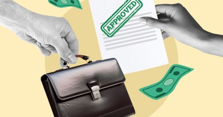 Hand Holds Briefcase While Another Hand Holds Paper with Approved Stamp