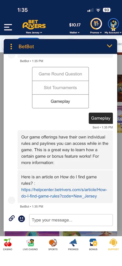 BetRivers Customer Service Test screenshot