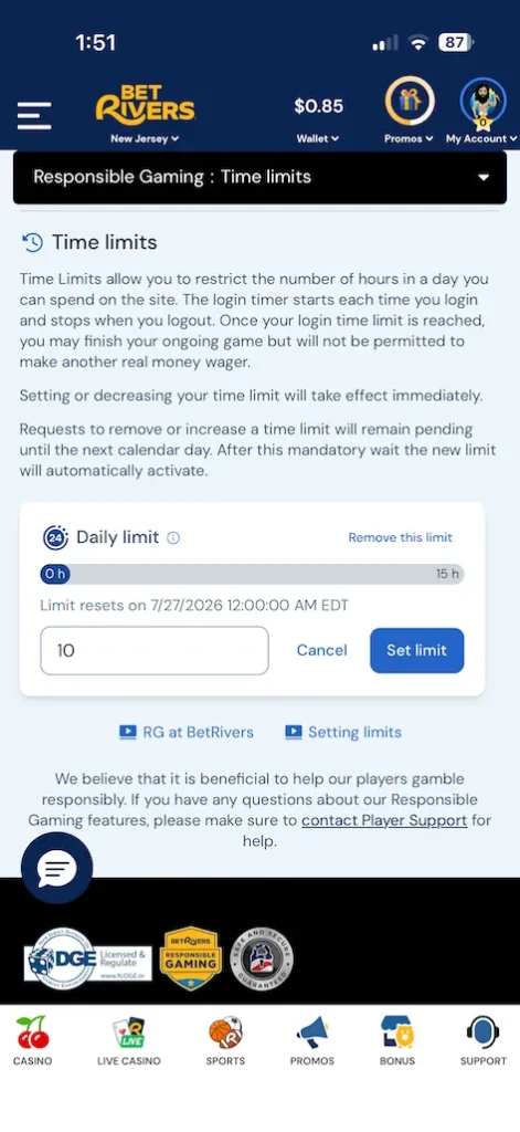BetRivers Responsible Gambling Limits screenshot