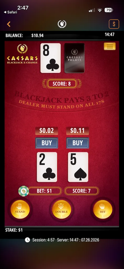 Caesars Palace blackjack game screenshot