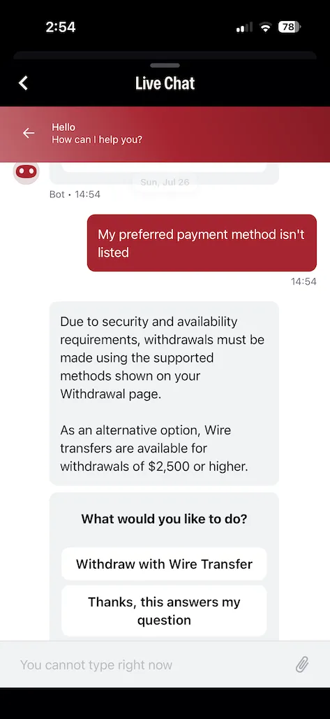 Caesars Palace customer support screenshot