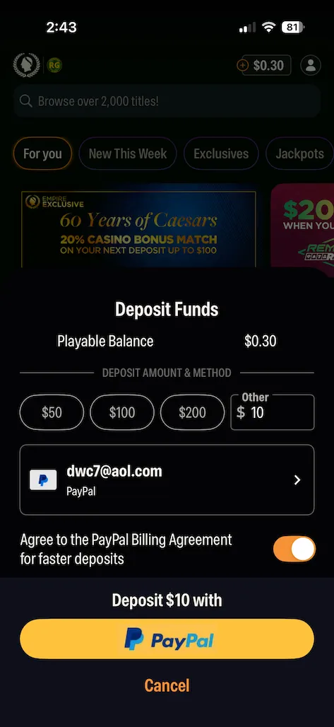 Caesars Palace deposit test screenshot