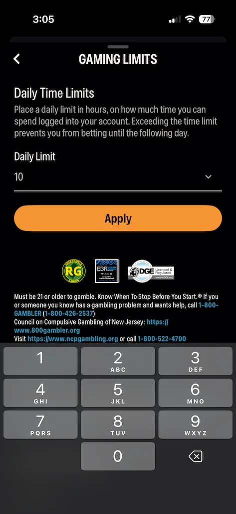 Caesars Palace responsible gaming limits screenshot