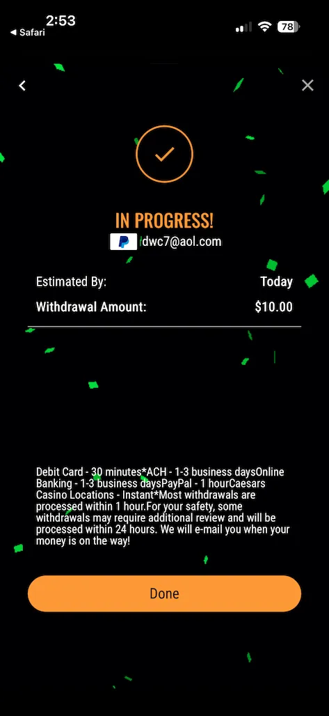 Caesars Palace withdrawal screenshot