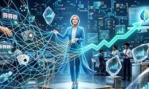 Woman Holds Strings of Digital Gambling Information Connects to Birches Health Database and Logo on Laptop