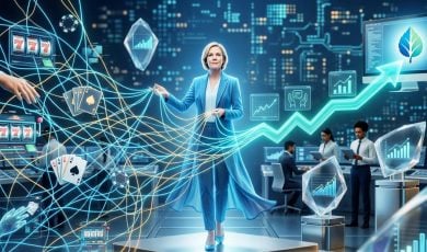 Woman Holds Strings of Digital Gambling Information Connects to Birches Health Database and Logo on Laptop