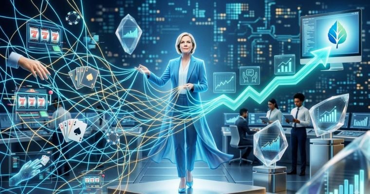 Woman Holds Strings of Digital Gambling Information Connects to Birches Health Database and Logo on Laptop