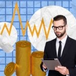 Collage Image of Corporate Earnings Call with Graph, Gold Coins and Business Man in Black Suit