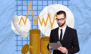 Collage Image of Corporate Earnings Call with Graph, Gold Coins and Business Man in Black Suit