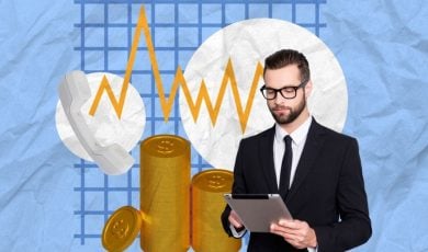 Collage Image of Corporate Earnings Call with Graph, Gold Coins and Business Man in Black Suit