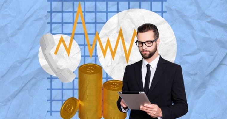 Collage Image of Corporate Earnings Call with Graph, Gold Coins and Business Man in Black Suit