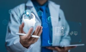 Man in Labcoat Stands Behhind Digital Icons Representing Mental Health and Online Support Services