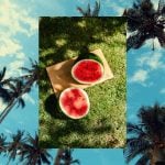 Cut Open Watermelon Sits on Green Grass Over Palm Trees Under Blue Skies