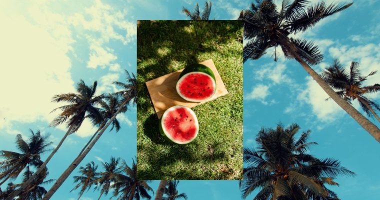Cut Open Watermelon Sits on Green Grass Over Palm Trees Under Blue Skies