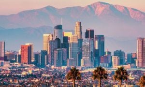 Aerial View of Los Angeles Skyline at Sunset