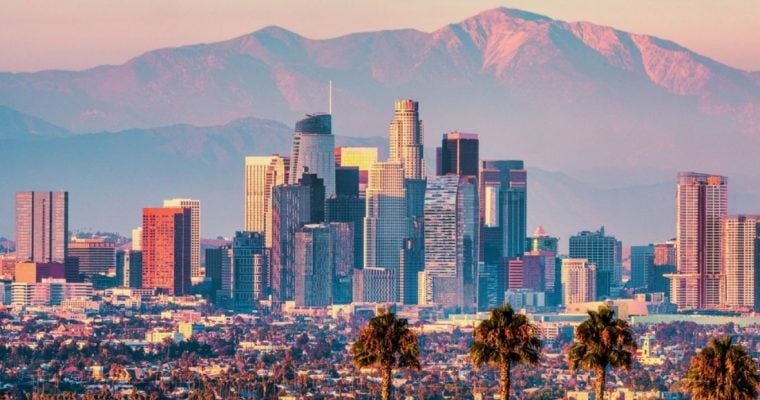 Aerial View of Los Angeles Skyline at Sunset