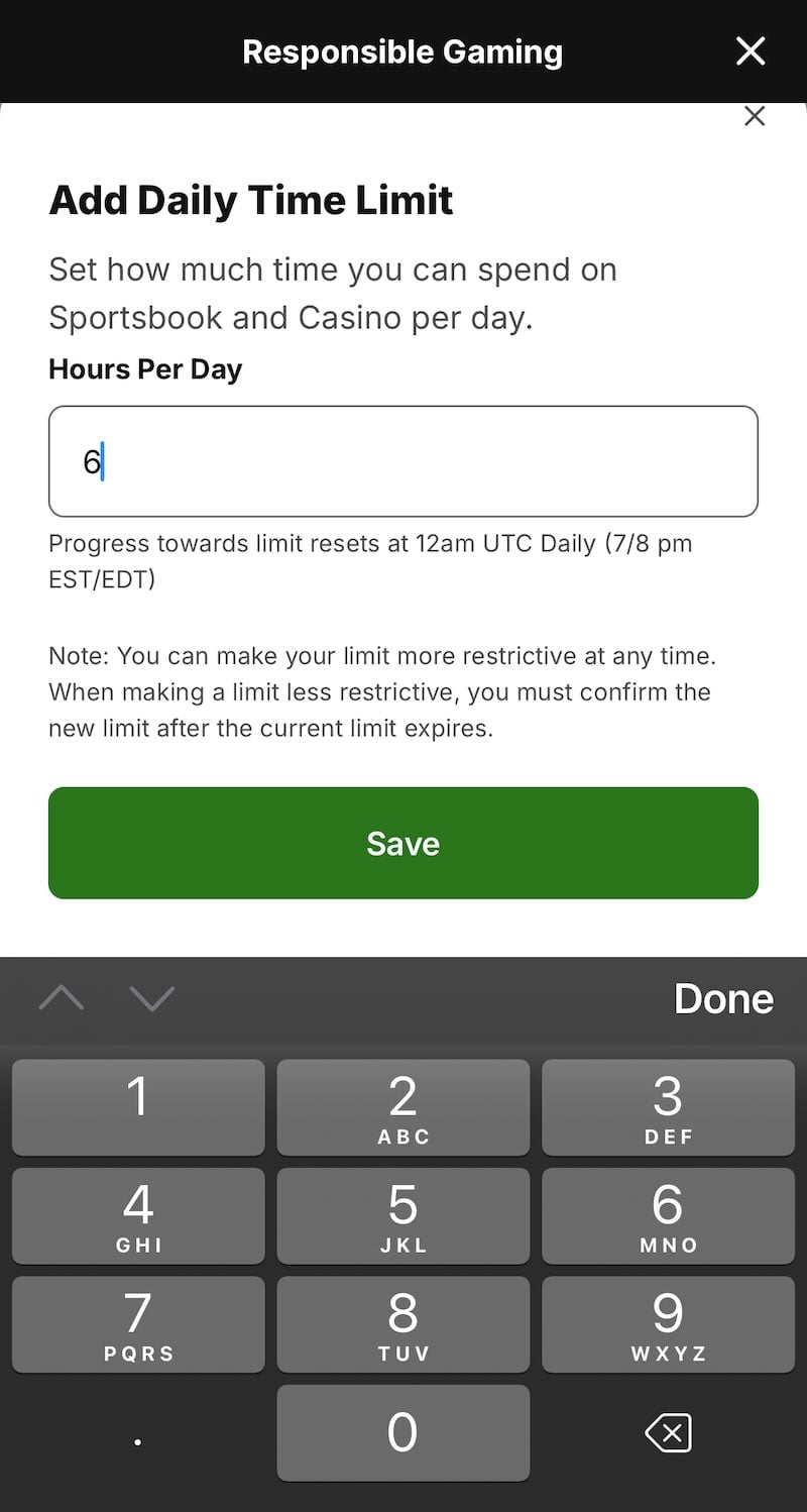 DraftKings casino daily time limit RG tool
