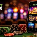 Green Casino Table with Colorful Poker Chips, Playing Cards and Cell Phone with DraftKings Casino Games