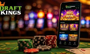 Green Casino Table with Colorful Poker Chips, Playing Cards and Cell Phone with DraftKings Casino Games