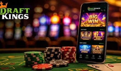 Green Casino Table with Colorful Poker Chips, Playing Cards and Cell Phone with DraftKings Casino Games