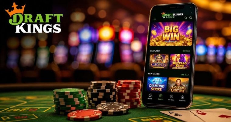 Green Casino Table with Colorful Poker Chips, Playing Cards and Cell Phone with DraftKings Casino Games