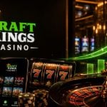 Cell Phone and Tablet Display DraftKings Online Casino Next to Roulette Wheel and Increasing Bar Graph