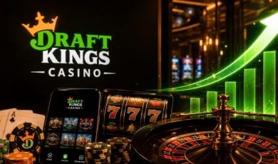 Cell Phone and Tablet Display DraftKings Online Casino Next to Roulette Wheel and Increasing Bar Graph