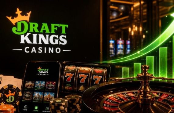 Cell Phone and Tablet Display DraftKings Online Casino Next to Roulette Wheel and Increasing Bar Graph