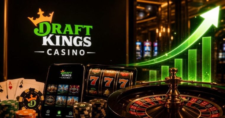 Cell Phone and Tablet Display DraftKings Online Casino Next to Roulette Wheel and Increasing Bar Graph