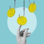 Art Collage With Hand Reaching for Bitcoins on Fish Hooks