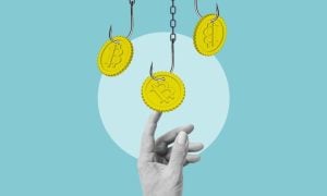 Art Collage With Hand Reaching for Bitcoins on Fish Hooks