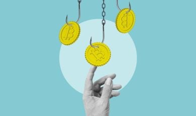 Art Collage With Hand Reaching for Bitcoins on Fish Hooks