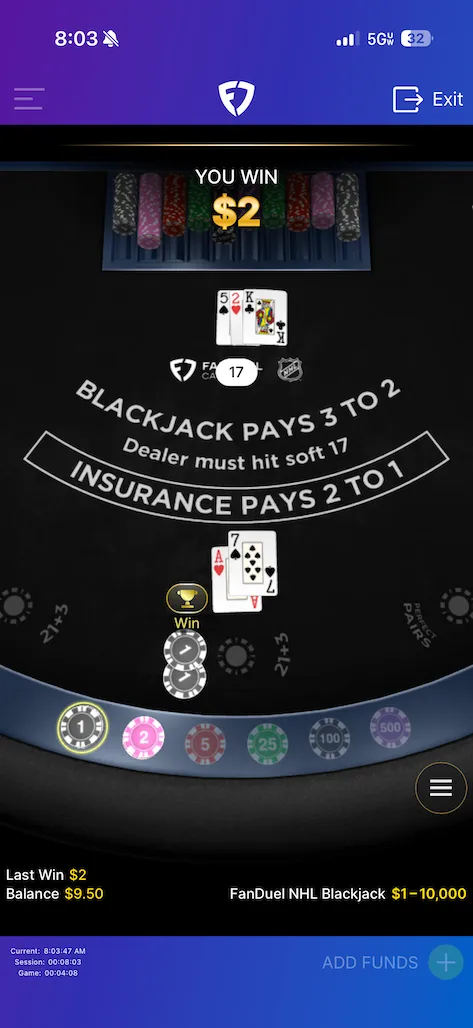 FanDuel blackjack screenshot