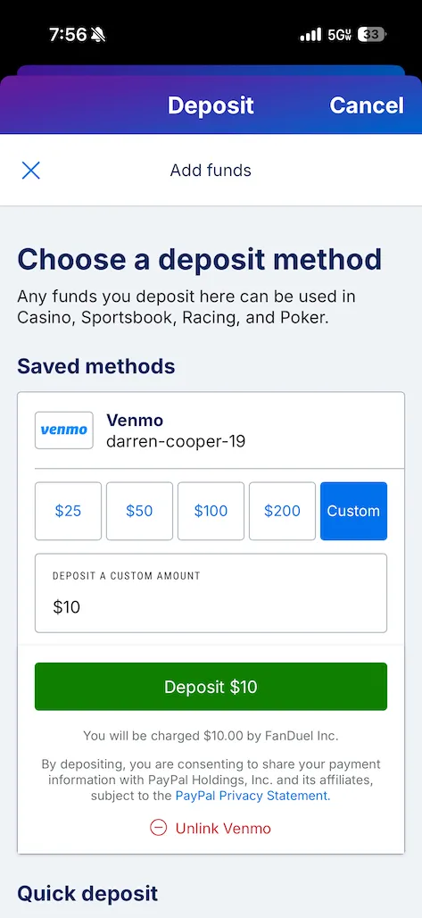 FanDuel deposit test screenshot