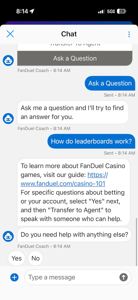 FanDuel live chat screenshot