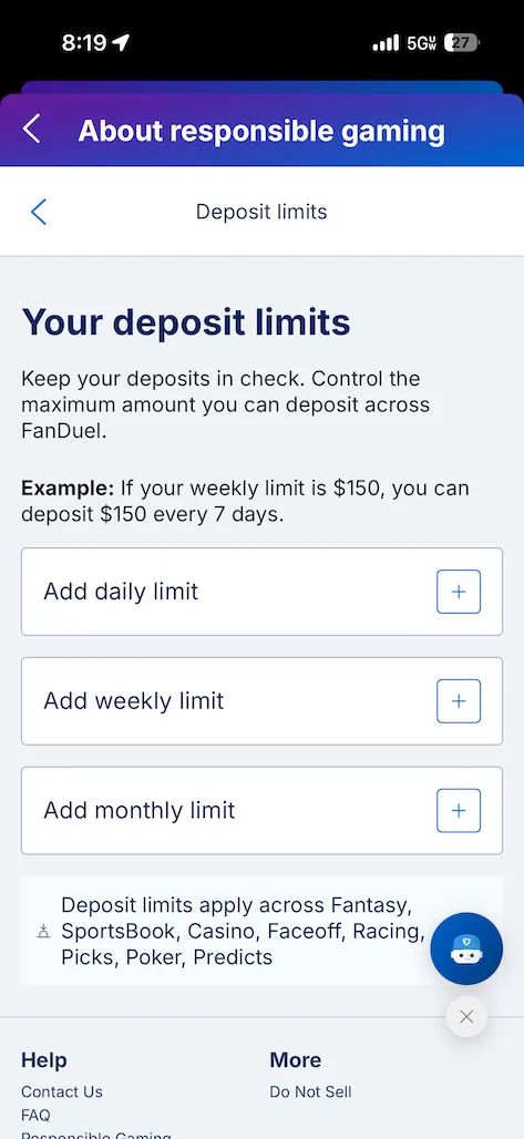 FanDuel responsible gaming deposit limits screenshot