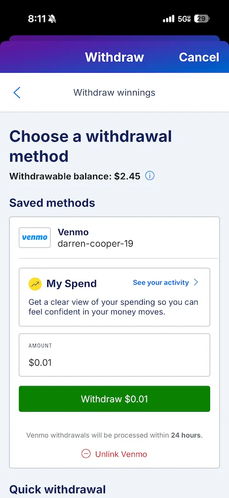 FanDuel withdrawal test screenshot