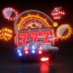 Illustration of Neon Lit Roulette and Slots Reel, Poker Chips and Playing Cards