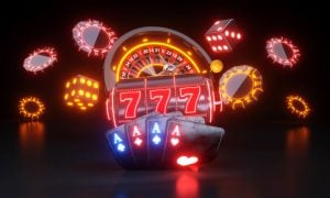 Illustration of Neon Lit Roulette and Slots Reel, Poker Chips and Playing Cards