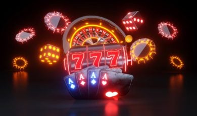 Illustration of Neon Lit Roulette and Slots Reel, Poker Chips and Playing Cards