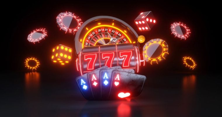 Illustration of Neon Lit Roulette and Slots Reel, Poker Chips and Playing Cards