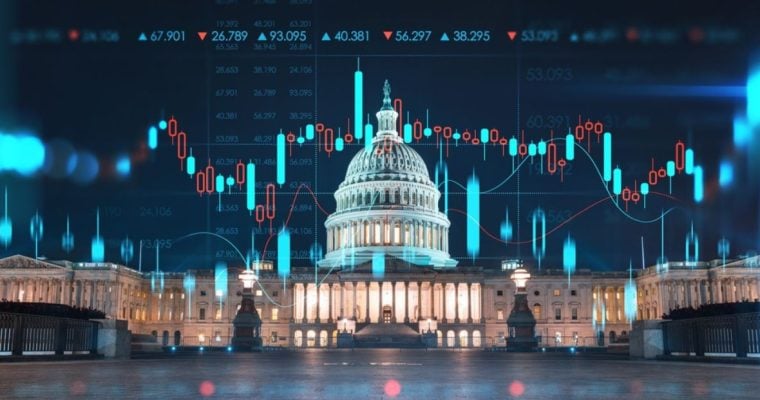 Home of Congress and Capitol Hill with Forex graph Overlay. Concept of Internet Trading