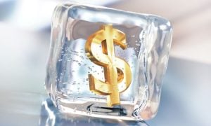 Block of Ice with Golden Dollar Symbol inside Represents Frozen Money