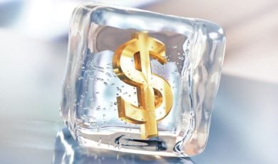 Block of Ice with Golden Dollar Symbol inside Represents Frozen Money