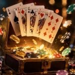 Suite of Playing Cards, Gold Coins and Poker Chips Float Above Open Glowing Treasure Chest Inside Casino