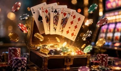 Suite of Playing Cards, Gold Coins and Poker Chips Float Above Open Glowing Treasure Chest Inside Casino